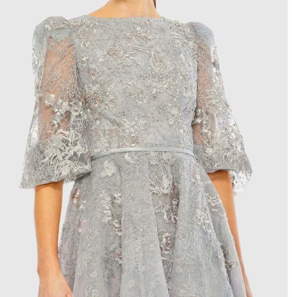 BRAND NEW Mac Duggal Embellished Lace Puff Sleeve Midi Dress in Silver SIZE 8 - Picture 2 of 6
